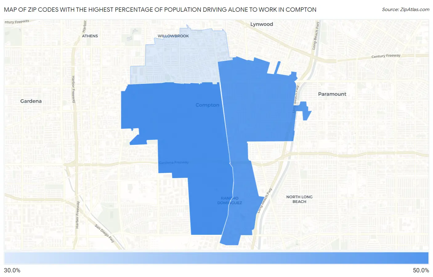 Zip Codes with the Highest Percentage of Population Driving Alone to Work in Compton Map