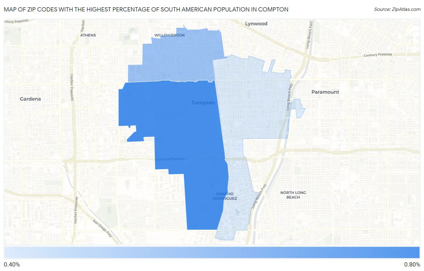 Zip Codes with the Highest Percentage of South American Population in Compton Map