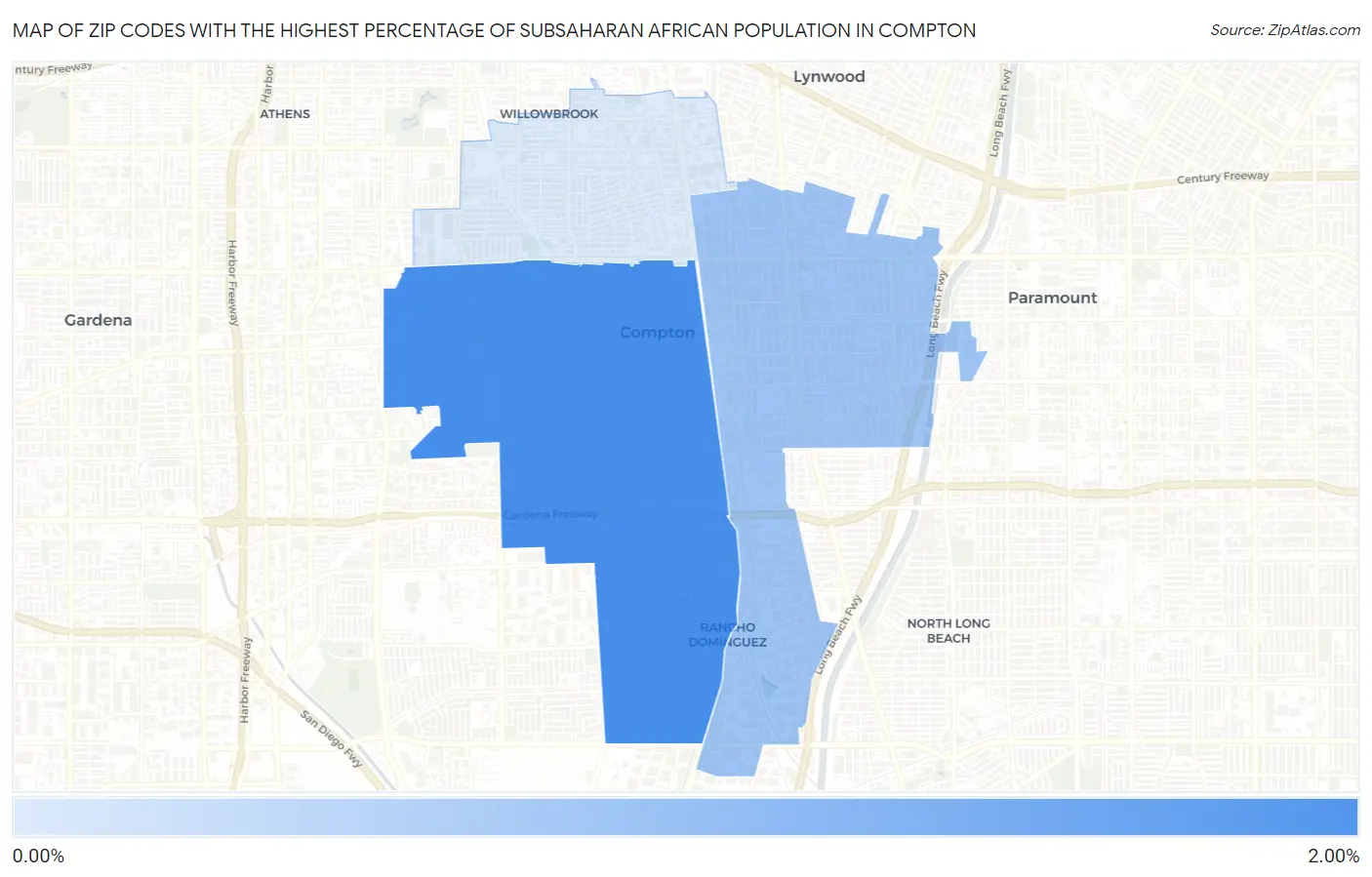 Zip Codes with the Highest Percentage of Subsaharan African Population in Compton Map
