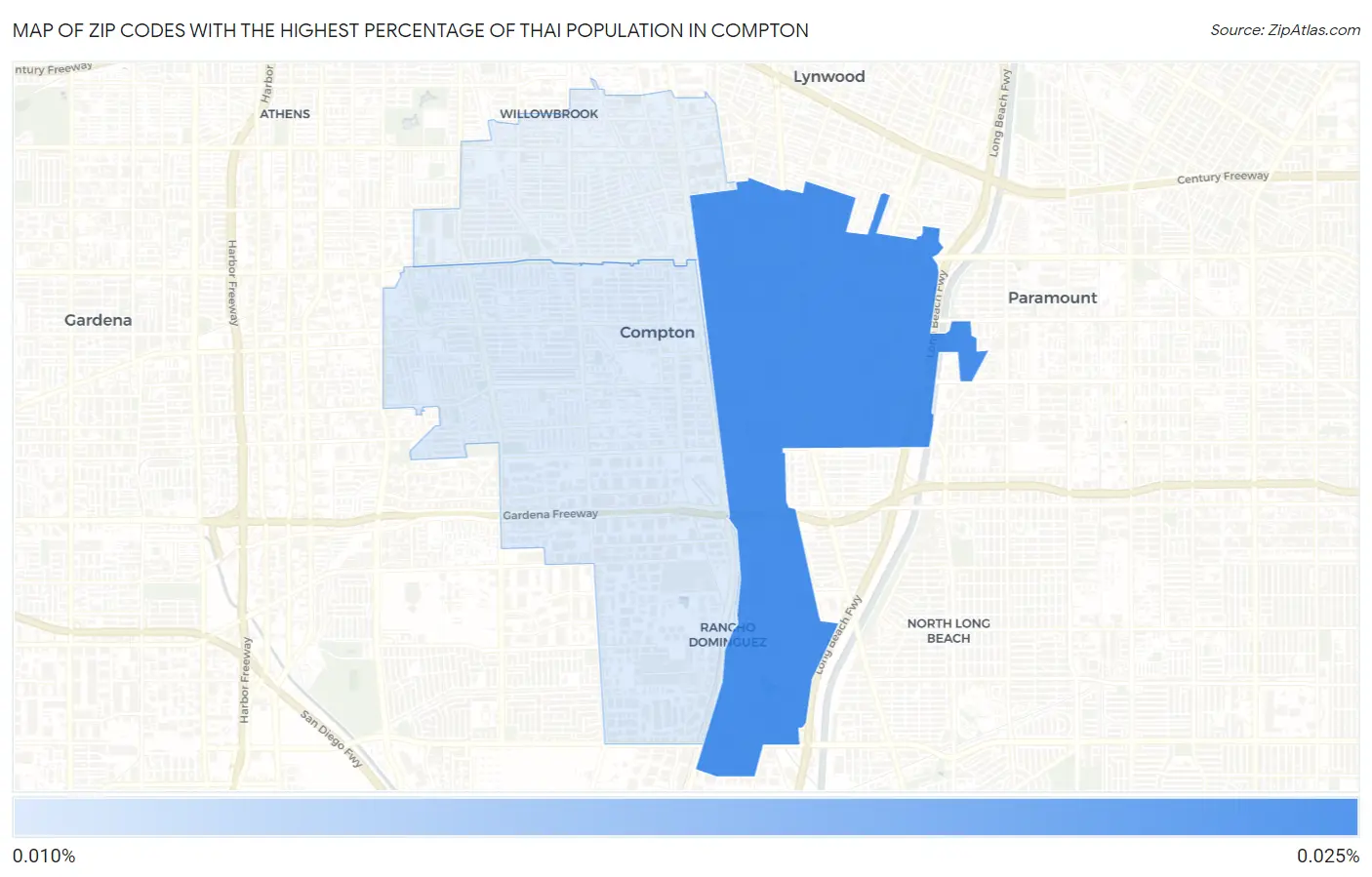 Zip Codes with the Highest Percentage of Thai Population in Compton Map
