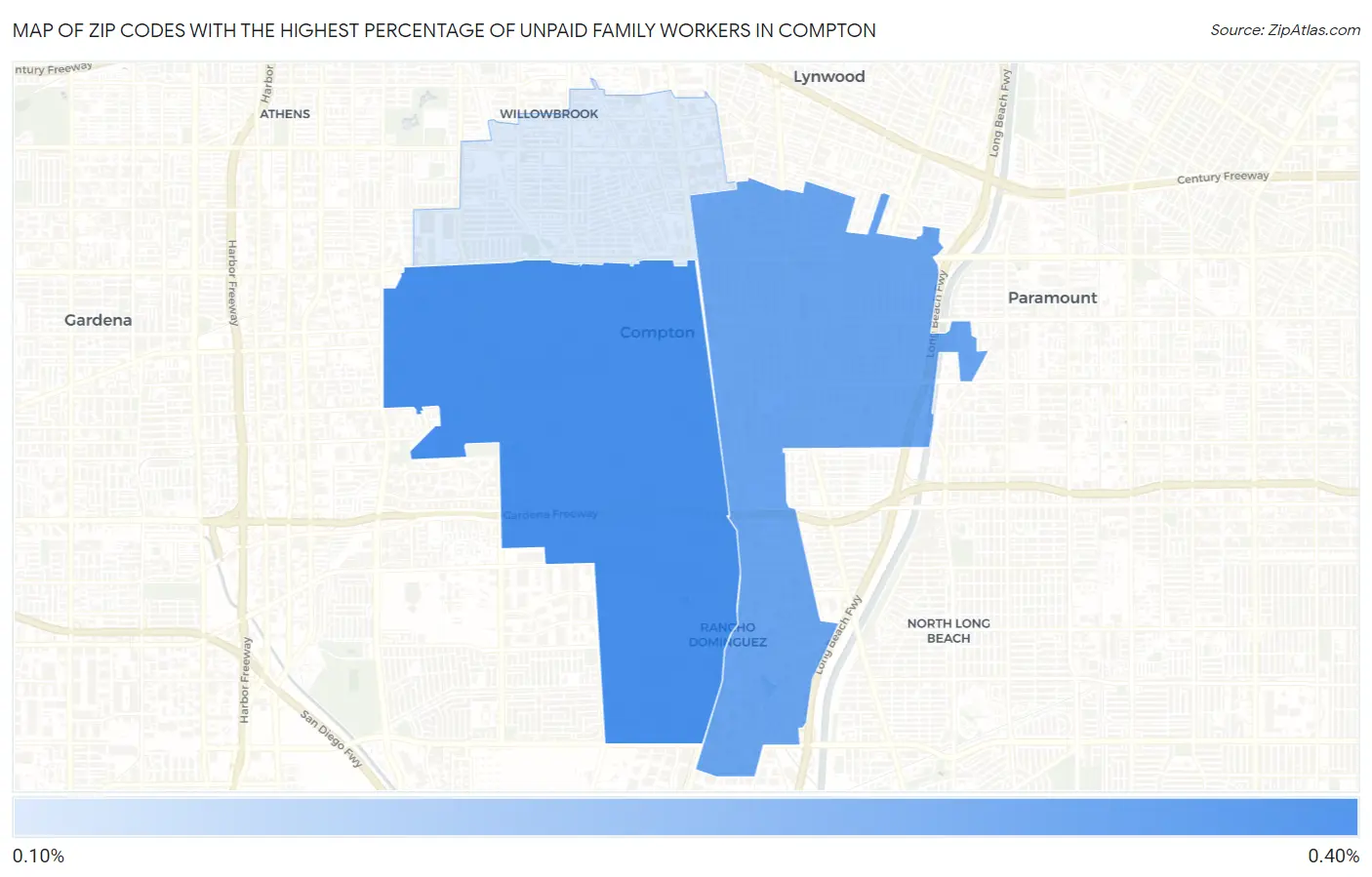 Zip Codes with the Highest Percentage of Unpaid Family Workers in Compton Map