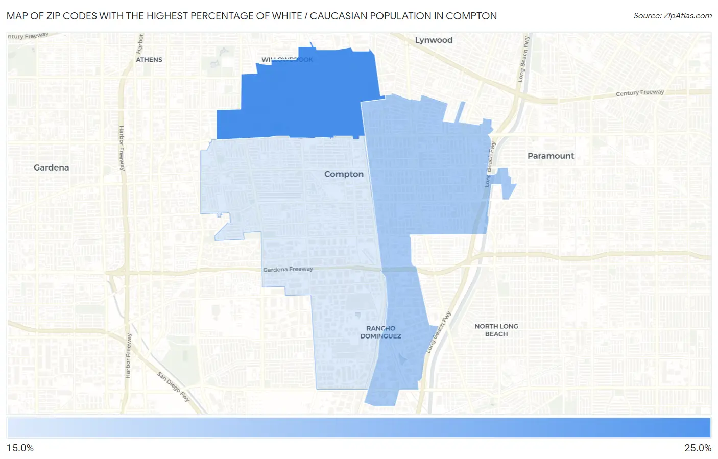 Zip Codes with the Highest Percentage of White / Caucasian Population in Compton Map