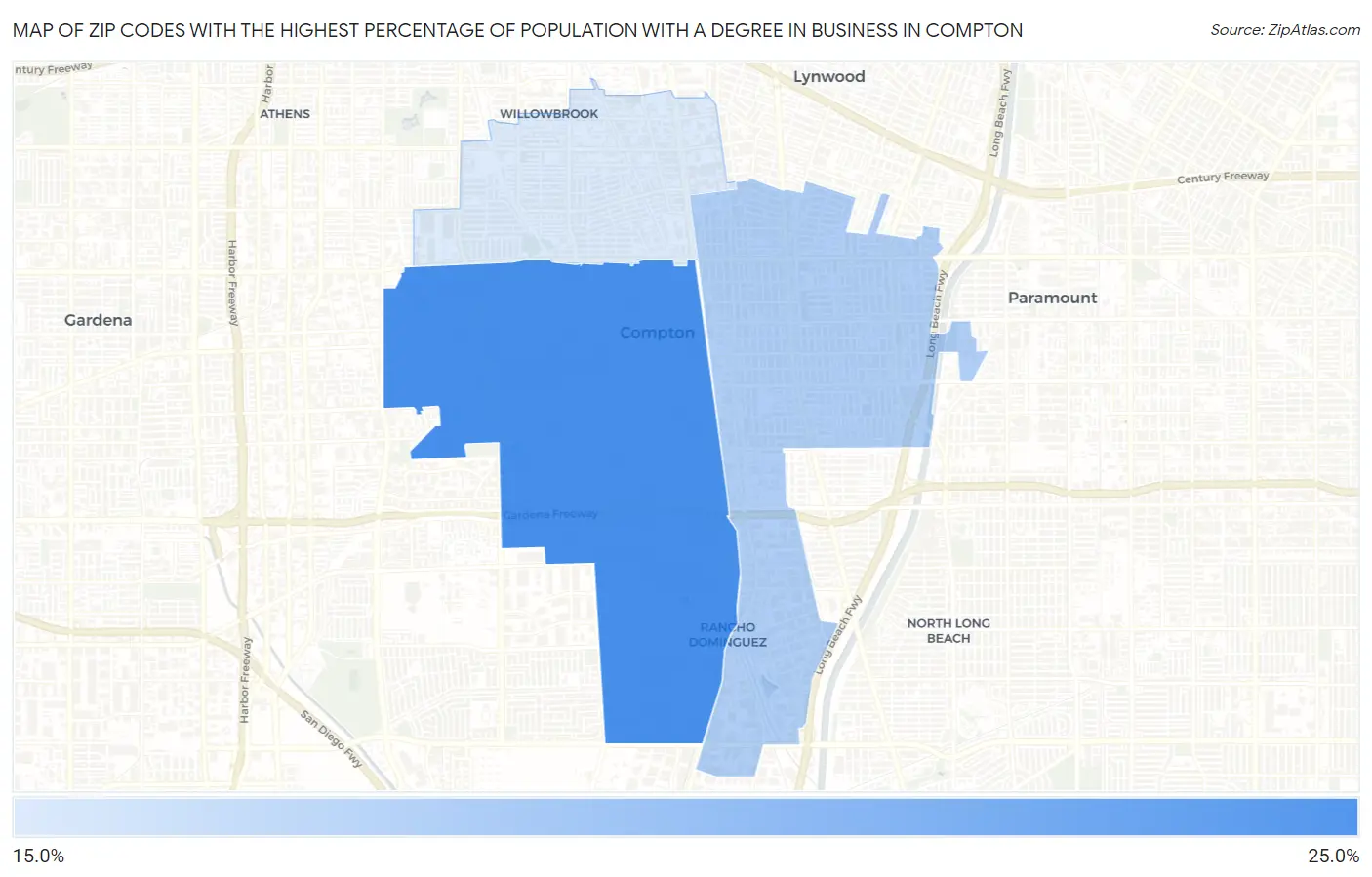 Zip Codes with the Highest Percentage of Population with a Degree in Business in Compton Map