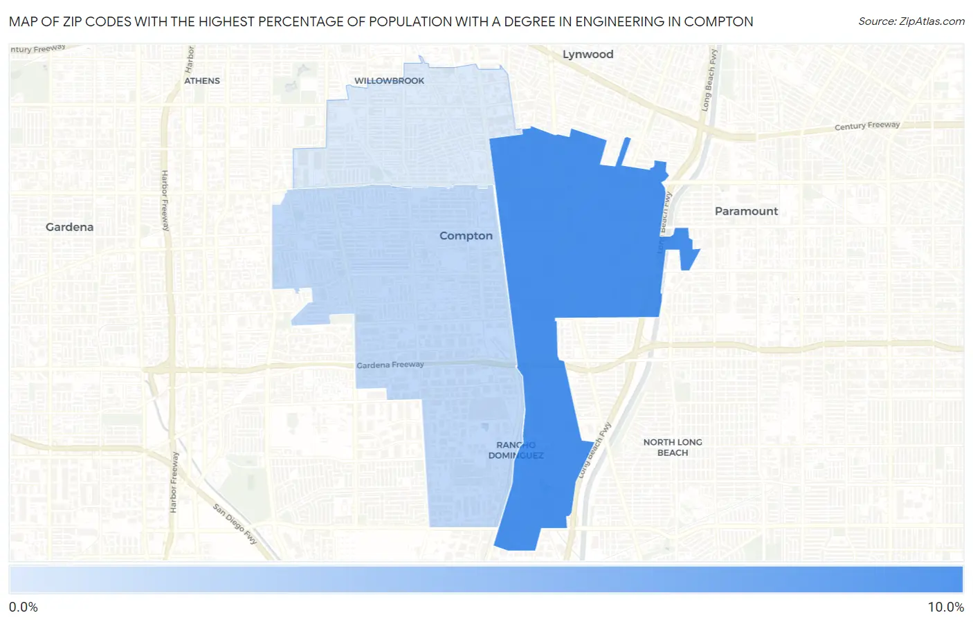 Zip Codes with the Highest Percentage of Population with a Degree in Engineering in Compton Map
