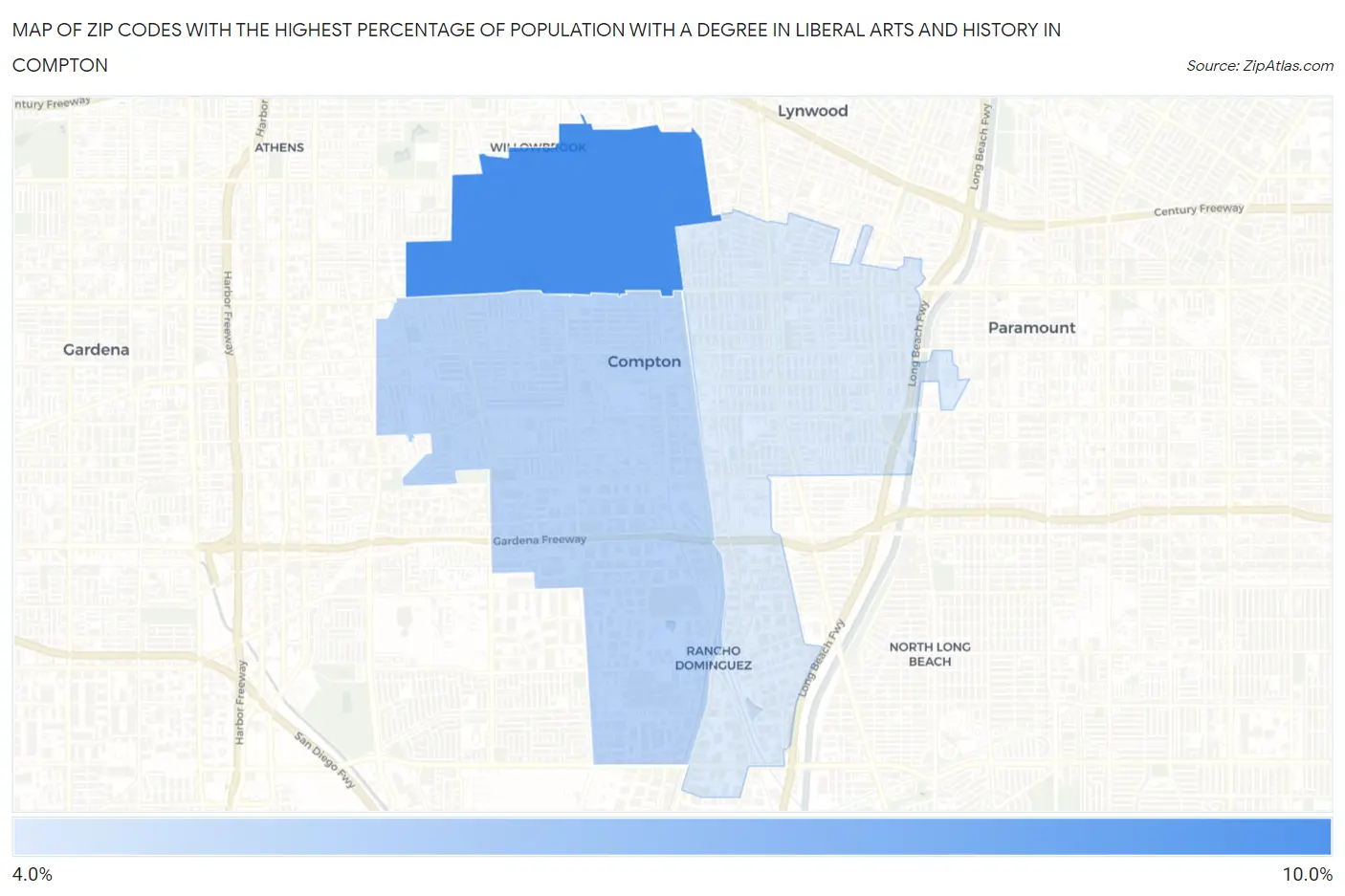 Zip Codes with the Highest Percentage of Population with a Degree in Liberal Arts and History in Compton Map