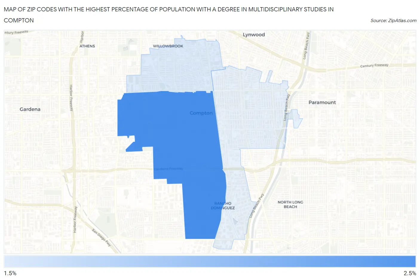 Zip Codes with the Highest Percentage of Population with a Degree in Multidisciplinary Studies in Compton Map