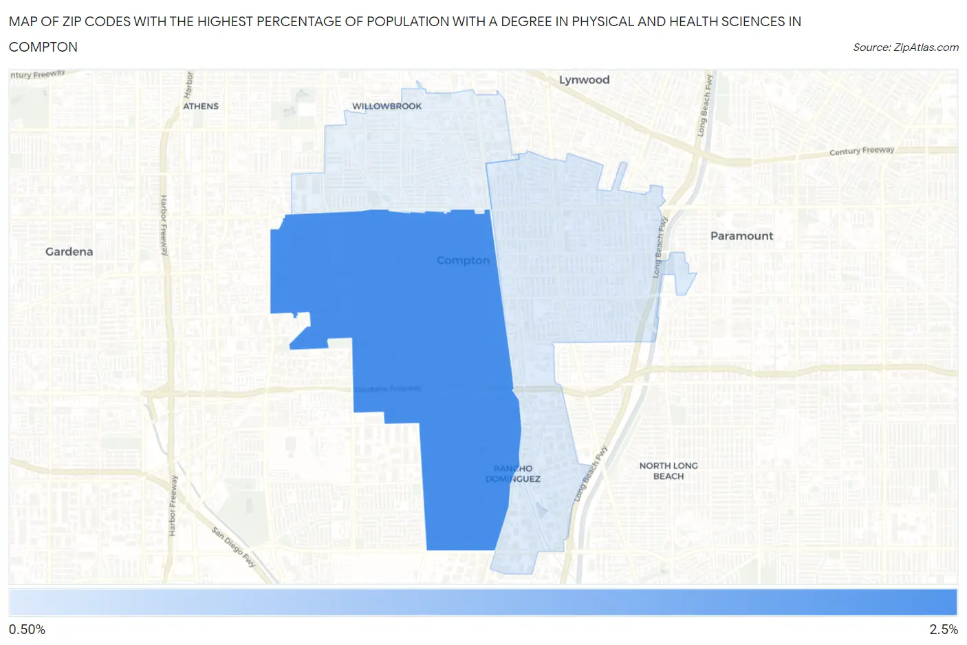 Zip Codes with the Highest Percentage of Population with a Degree in Physical and Health Sciences in Compton Map