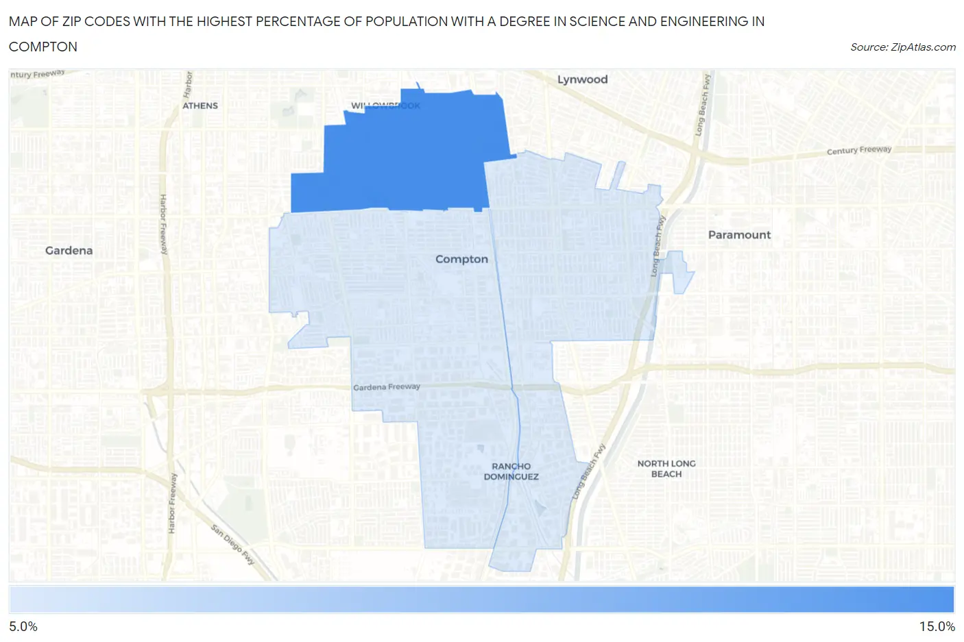 Zip Codes with the Highest Percentage of Population with a Degree in Science and Engineering in Compton Map