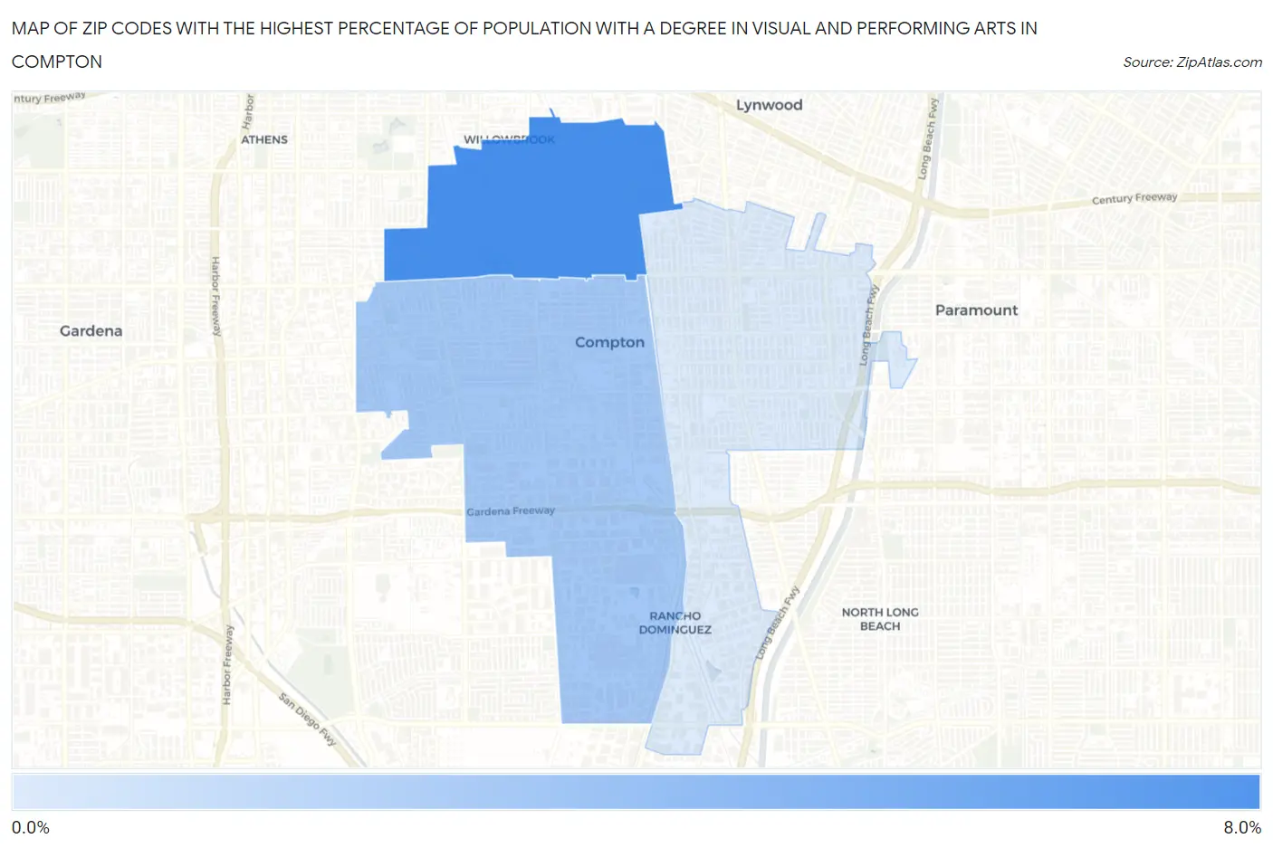 Zip Codes with the Highest Percentage of Population with a Degree in Visual and Performing Arts in Compton Map