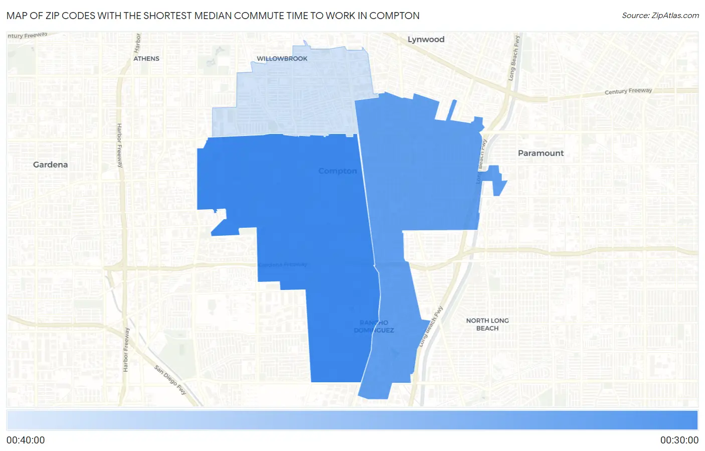 Zip Codes with the Shortest Median Commute Time to Work in Compton Map