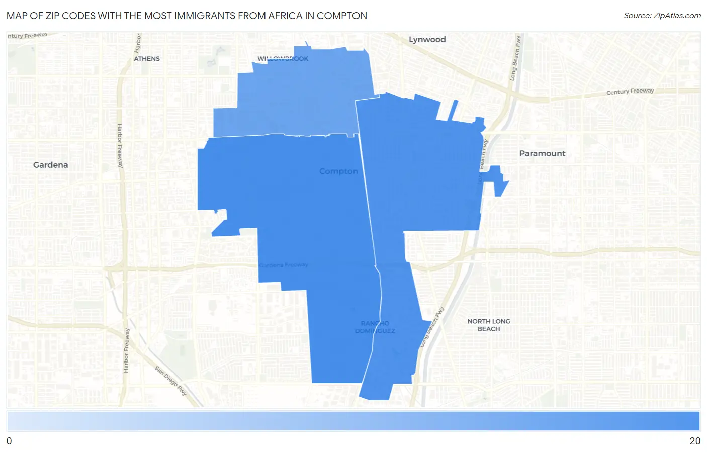 Zip Codes with the Most Immigrants from Africa in Compton Map