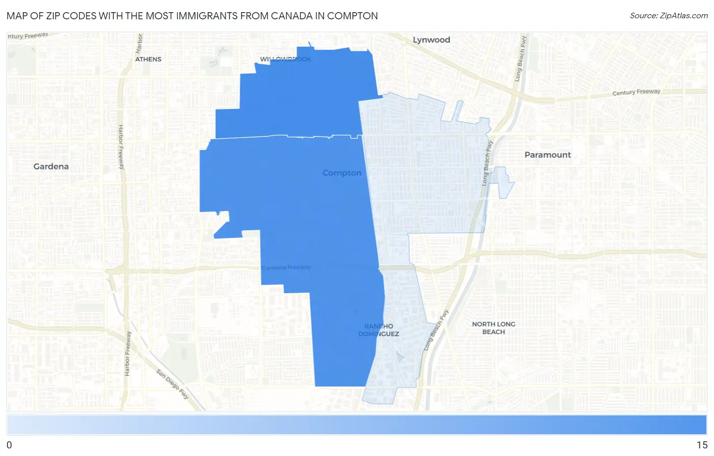 Zip Codes with the Most Immigrants from Canada in Compton Map