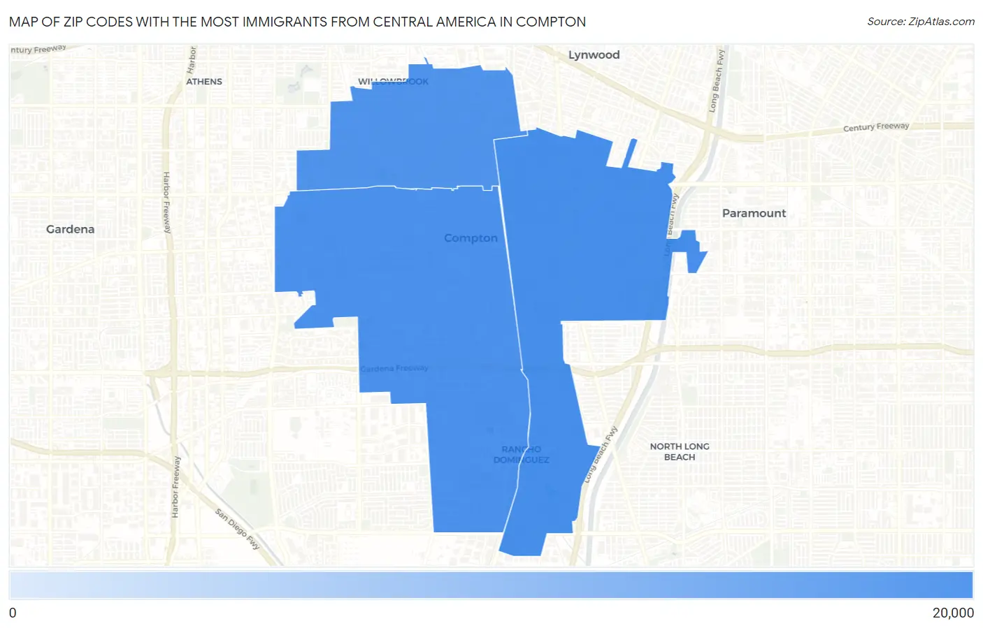 Zip Codes with the Most Immigrants from Central America in Compton Map
