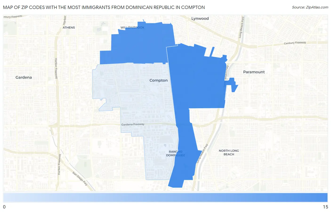 Zip Codes with the Most Immigrants from Dominican Republic in Compton Map