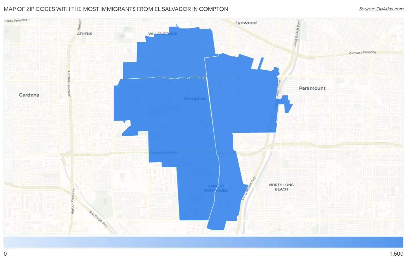 Zip Codes with the Most Immigrants from El Salvador in Compton Map