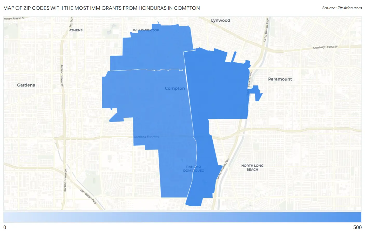 Zip Codes with the Most Immigrants from Honduras in Compton Map