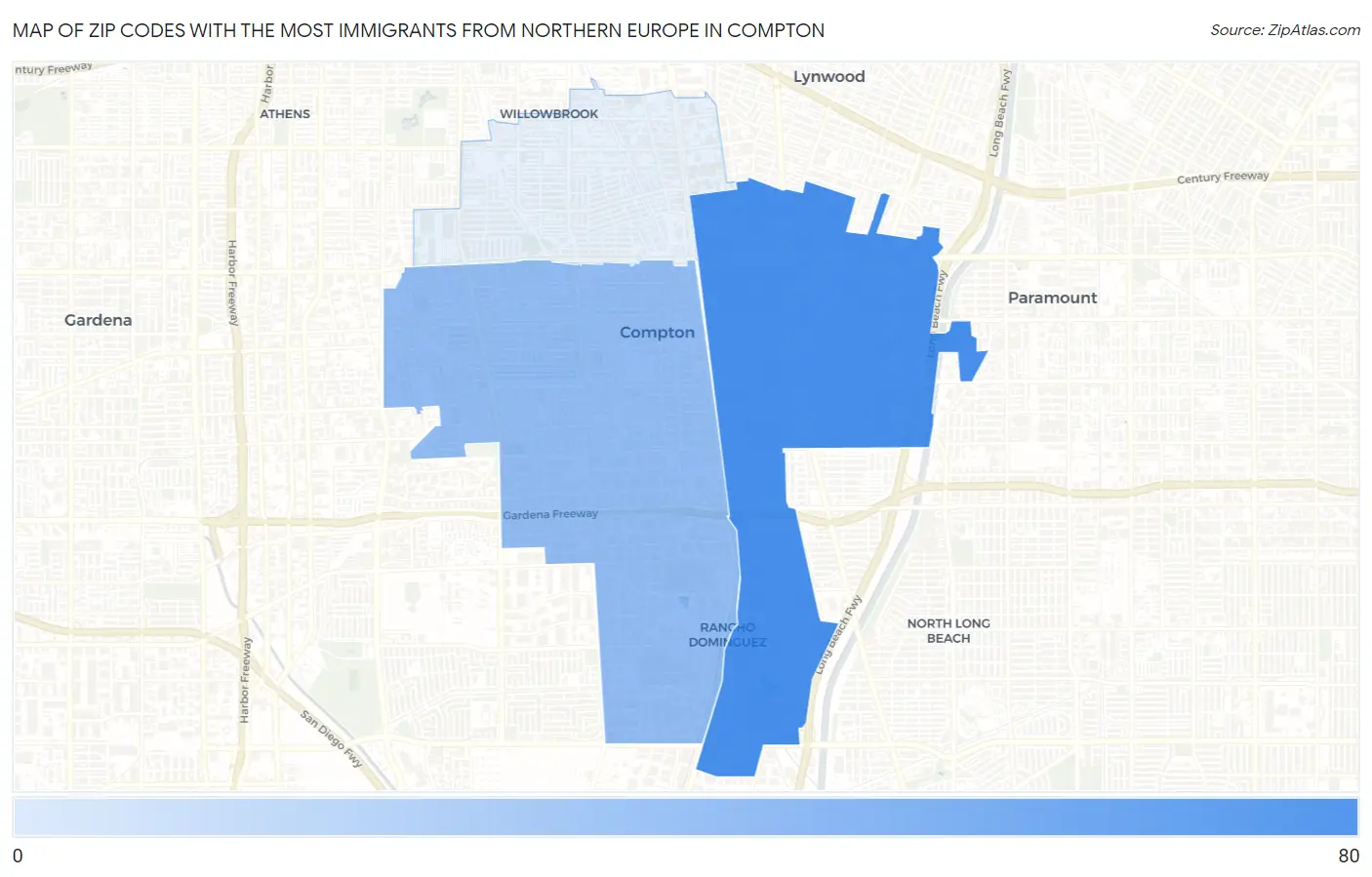 Zip Codes with the Most Immigrants from Northern Europe in Compton Map
