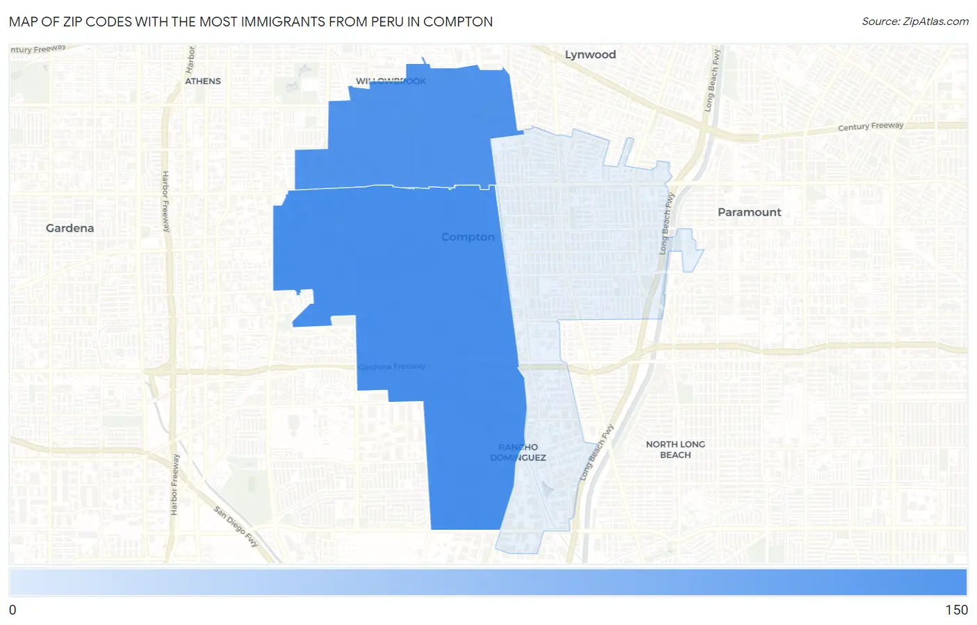 Zip Codes with the Most Immigrants from Peru in Compton Map