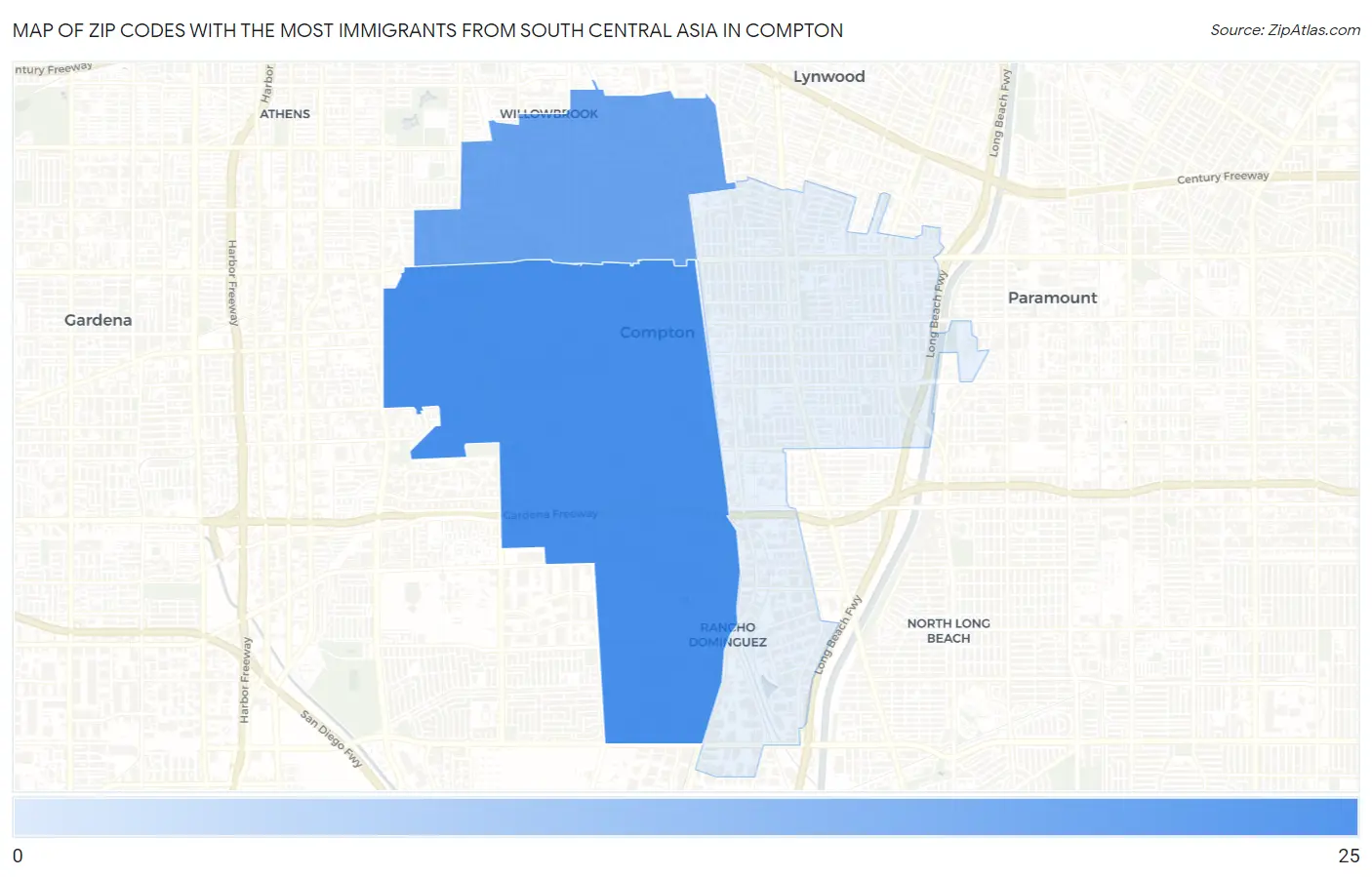 Zip Codes with the Most Immigrants from South Central Asia in Compton Map