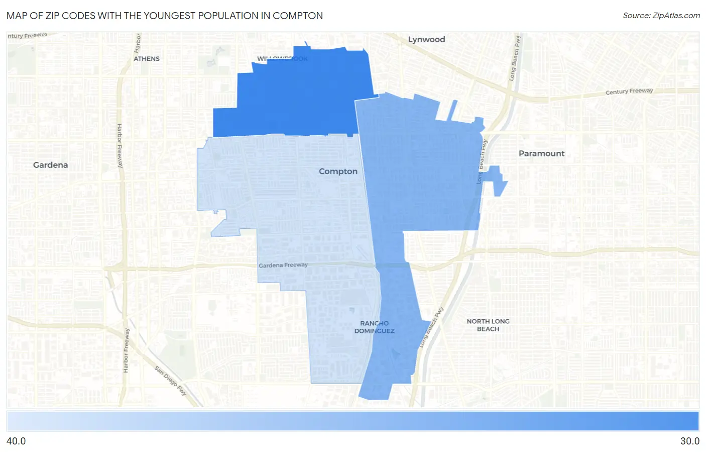 Zip Codes with the Youngest Population in Compton Map