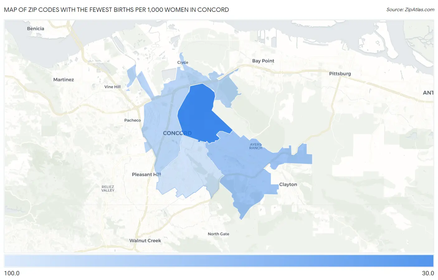 Zip Codes with the Fewest Births per 1,000 Women in Concord Map