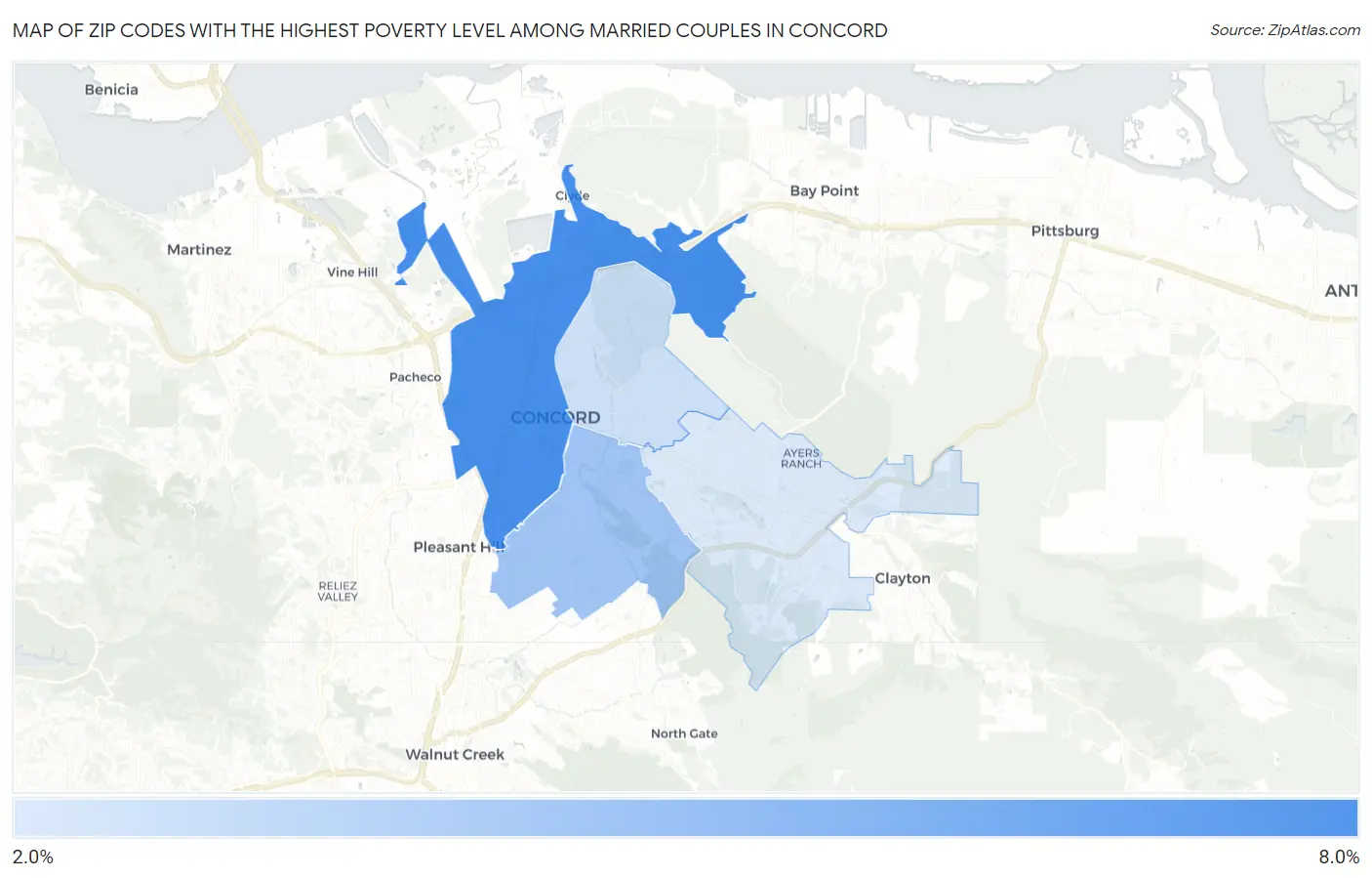 Zip Codes with the Highest Poverty Level Among Married Couples in Concord Map