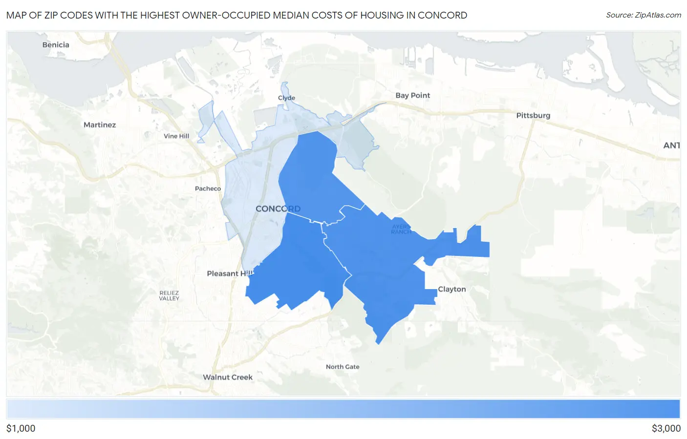 Zip Codes with the Highest Owner-Occupied Median Costs of Housing in Concord Map