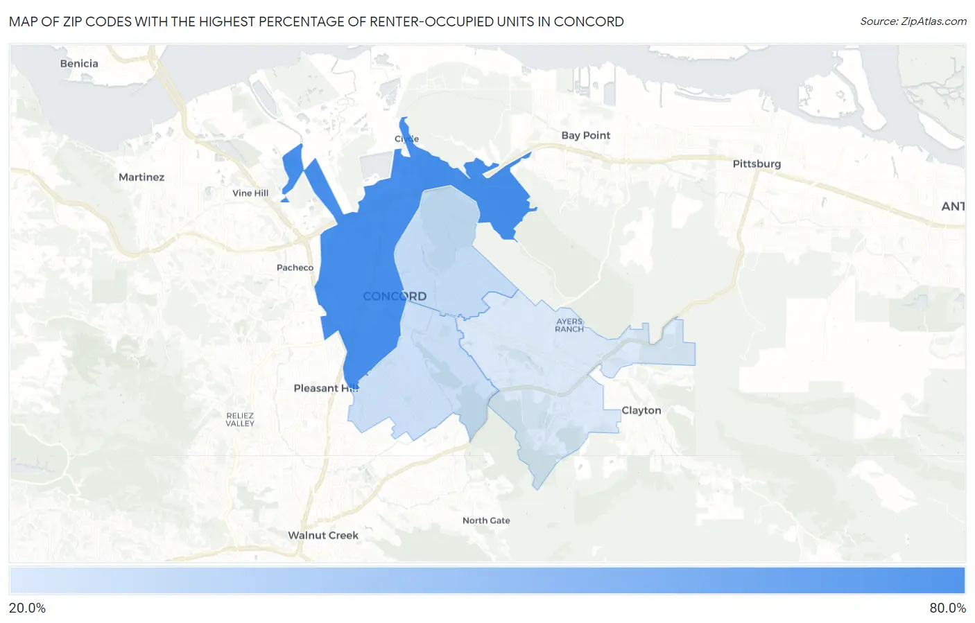 Zip Codes with the Highest Percentage of Renter-Occupied Units in Concord Map