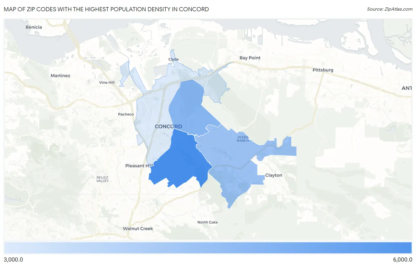 Zip Codes with the Highest Population Density in Concord Map