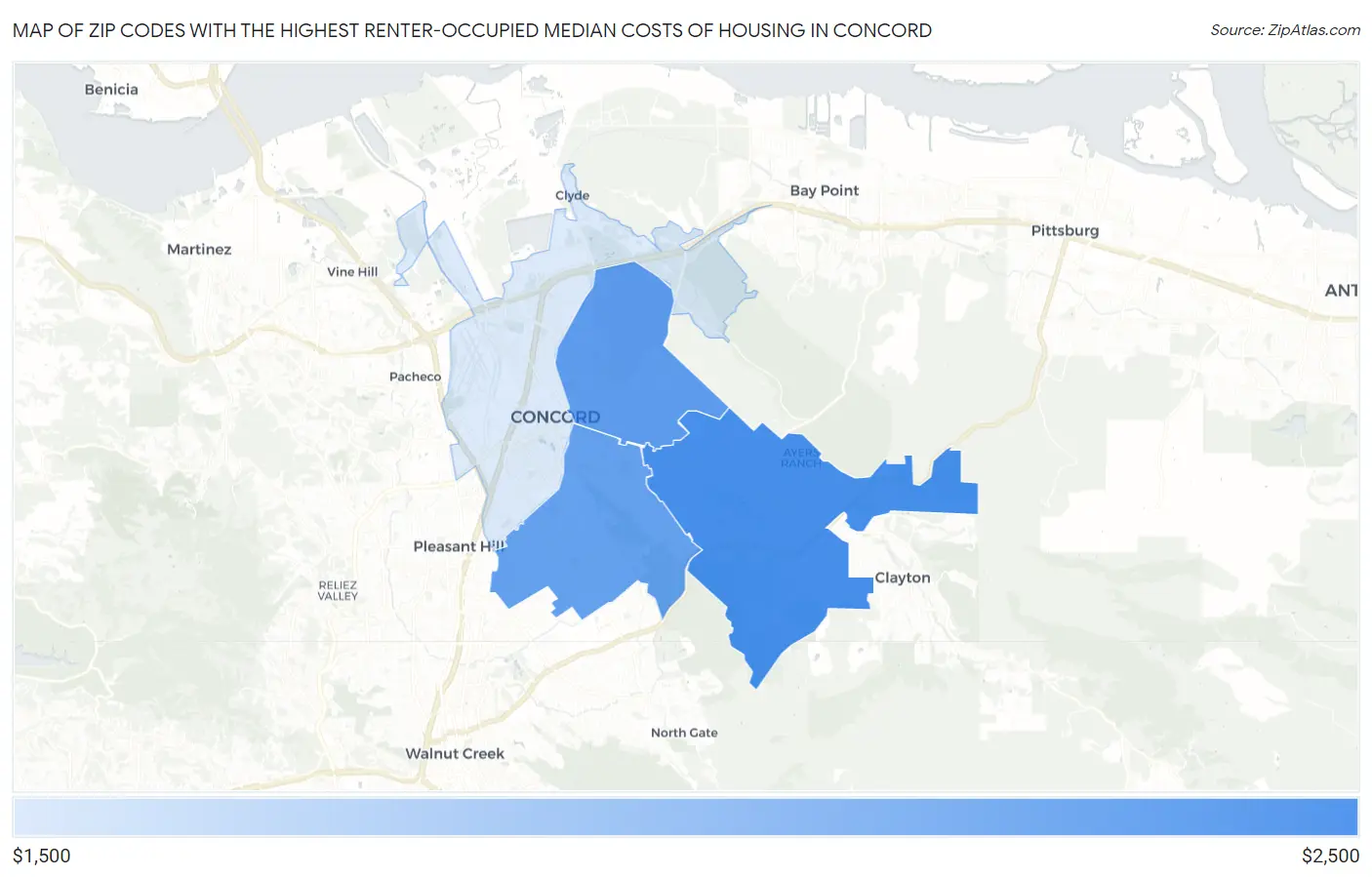 Zip Codes with the Highest Renter-Occupied Median Costs of Housing in Concord Map