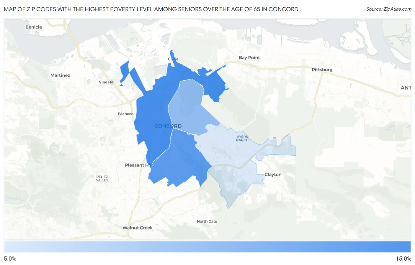Zip Codes with the Highest Poverty Level Among Seniors Over the Age of 65 in Concord Map