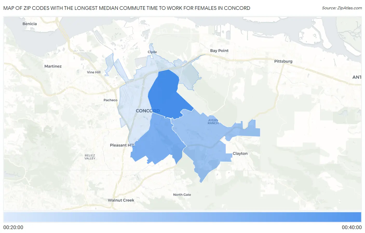 Zip Codes with the Longest Median Commute Time to Work for Females in Concord Map