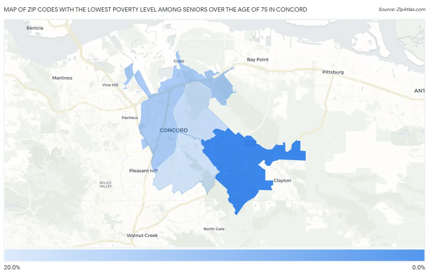 Zip Codes with the Lowest Poverty Level Among Seniors Over the Age of 75 in Concord Map