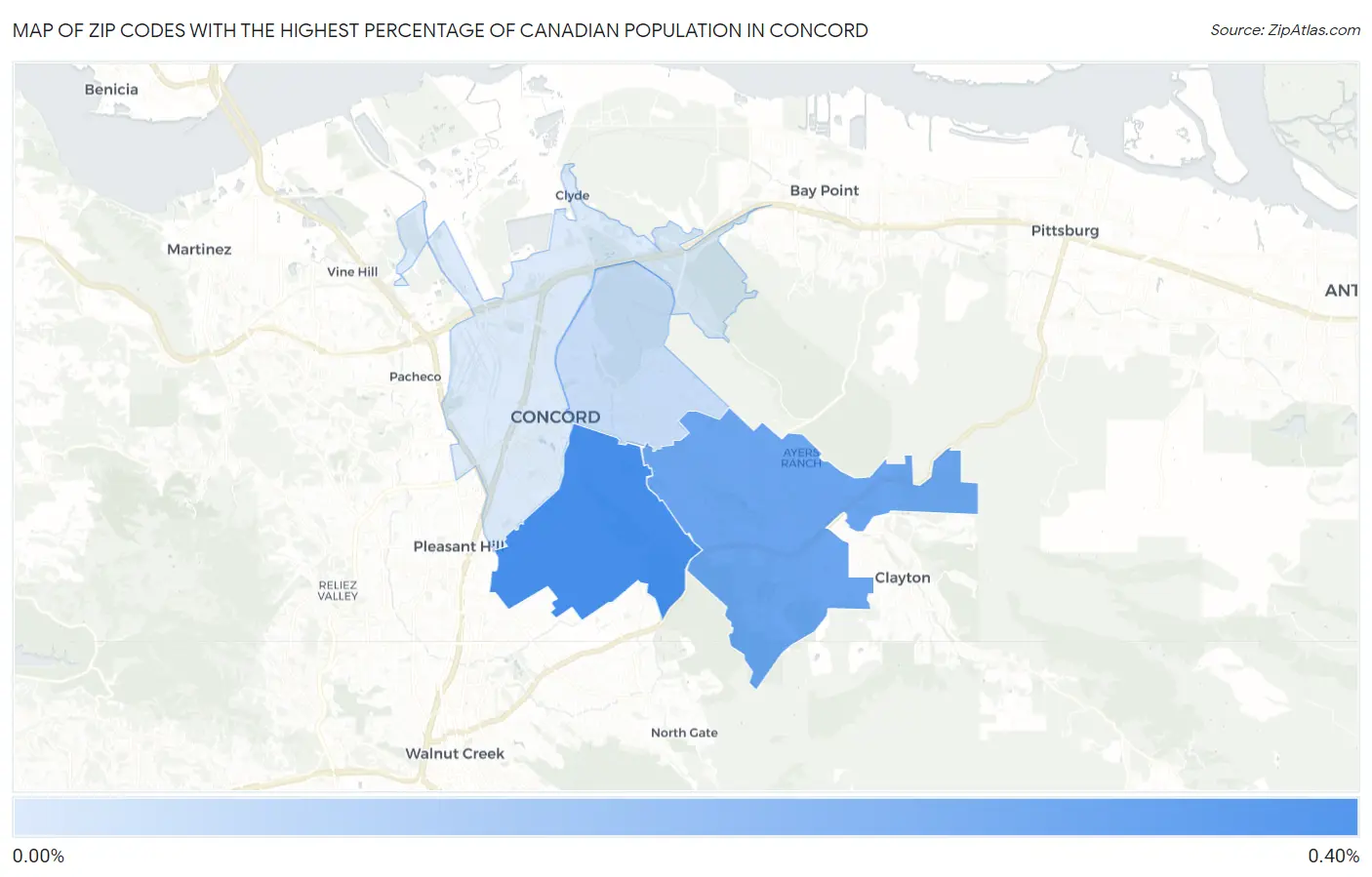Zip Codes with the Highest Percentage of Canadian Population in Concord Map