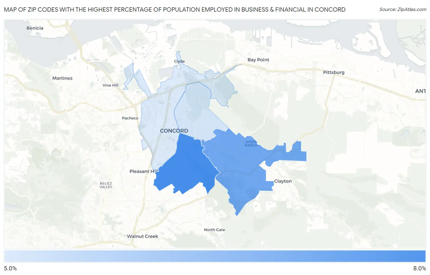 Zip Codes with the Highest Percentage of Population Employed in Business & Financial in Concord Map