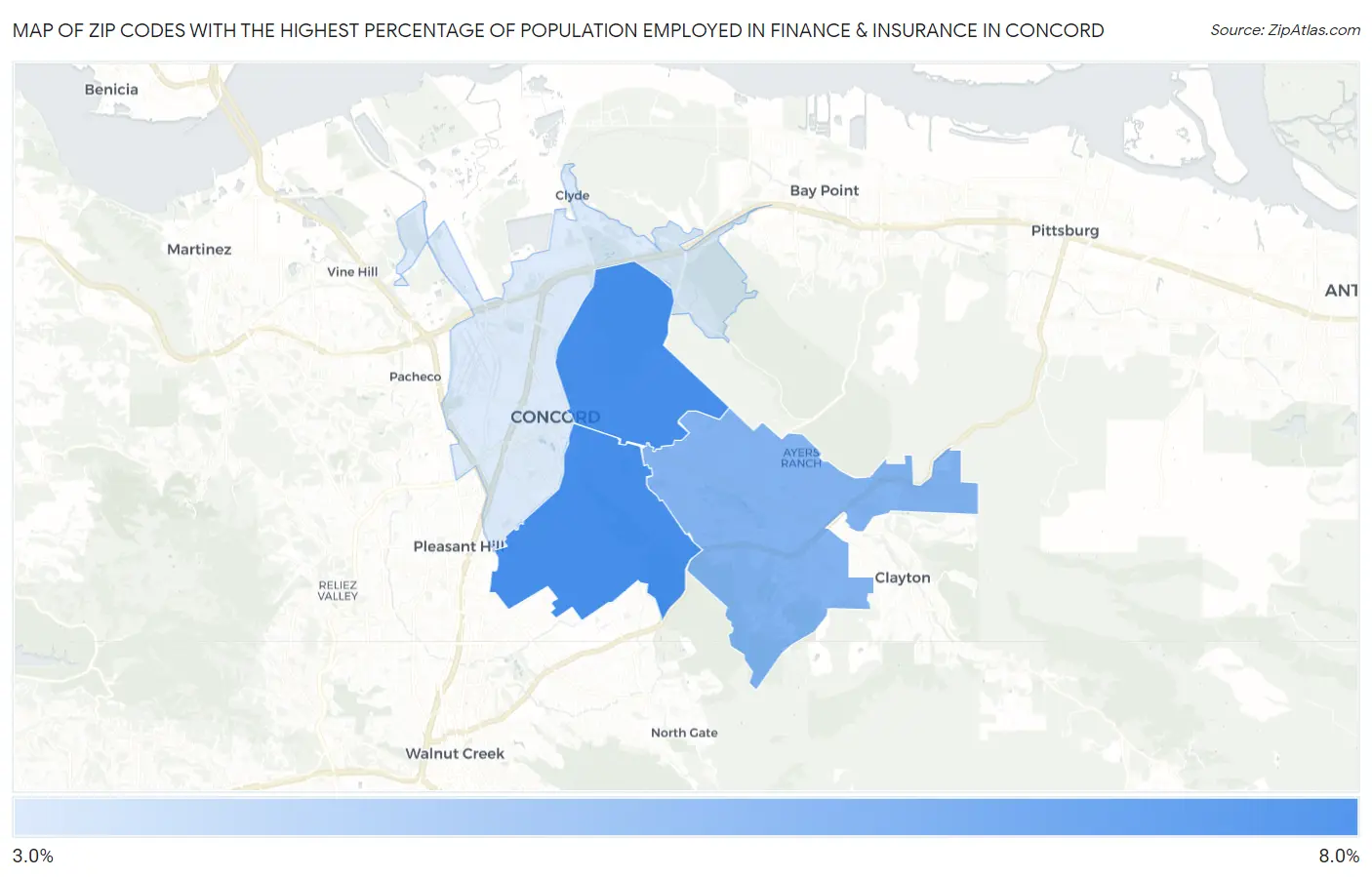Zip Codes with the Highest Percentage of Population Employed in Finance & Insurance in Concord Map