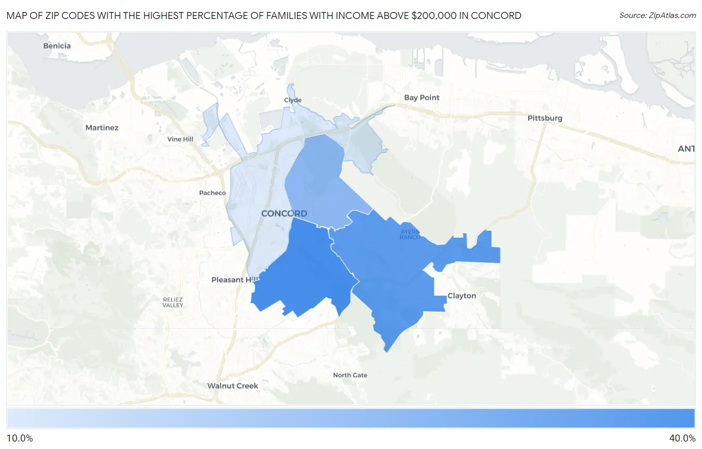 Zip Codes with the Highest Percentage of Families with Income Above $200,000 in Concord Map