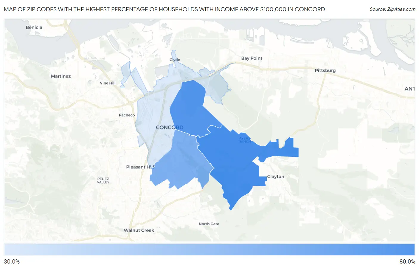 Zip Codes with the Highest Percentage of Households with Income Above $100,000 in Concord Map