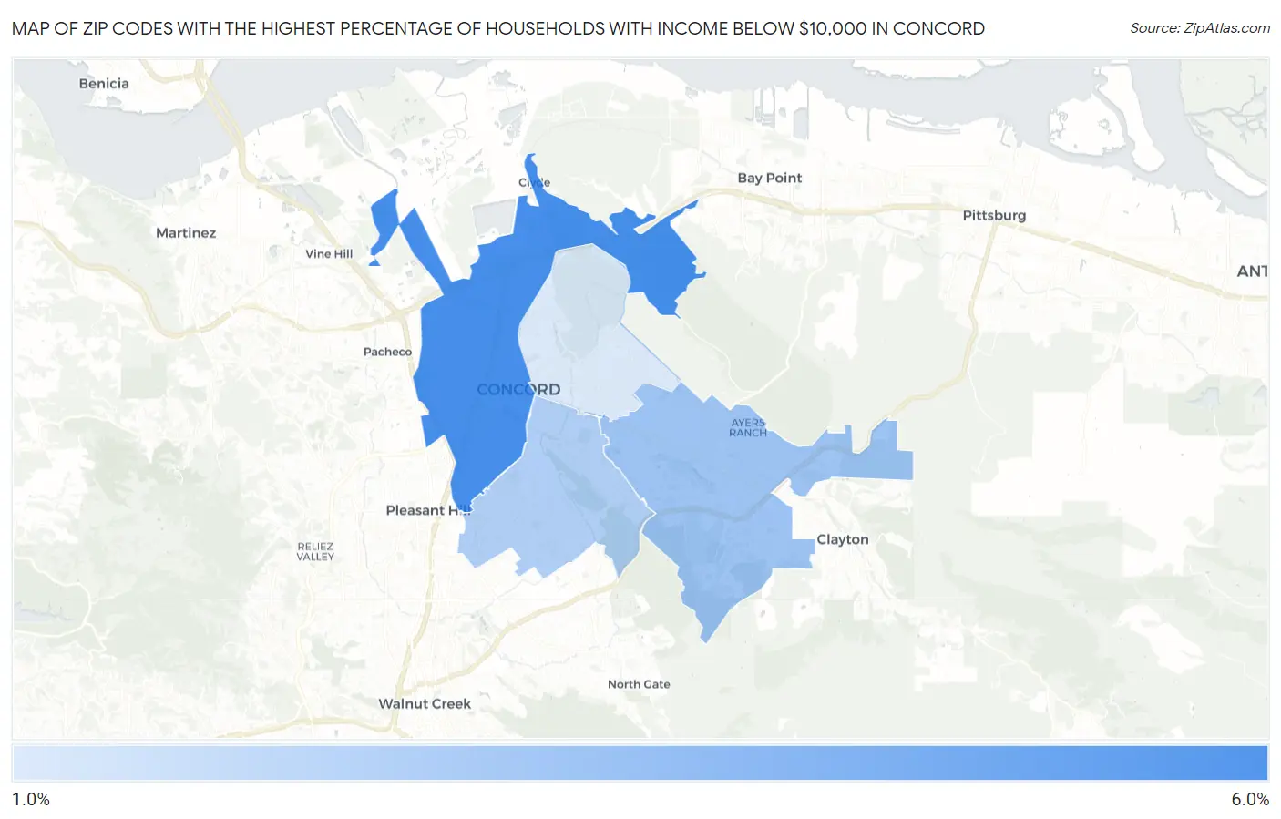 Zip Codes with the Highest Percentage of Households with Income Below $10,000 in Concord Map