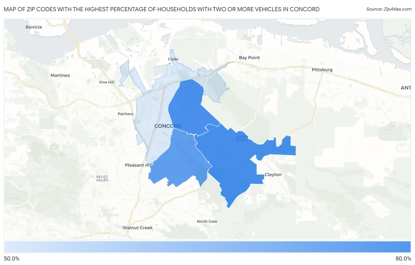 Zip Codes with the Highest Percentage of Households With Two or more Vehicles in Concord Map