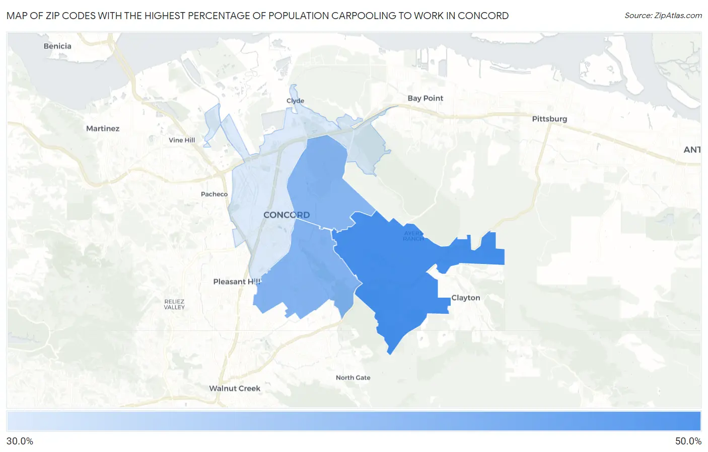 Zip Codes with the Highest Percentage of Population Carpooling to Work in Concord Map