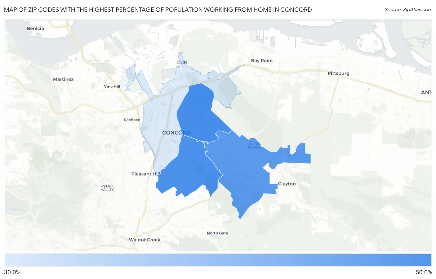 Zip Codes with the Highest Percentage of Population Working from Home in Concord Map