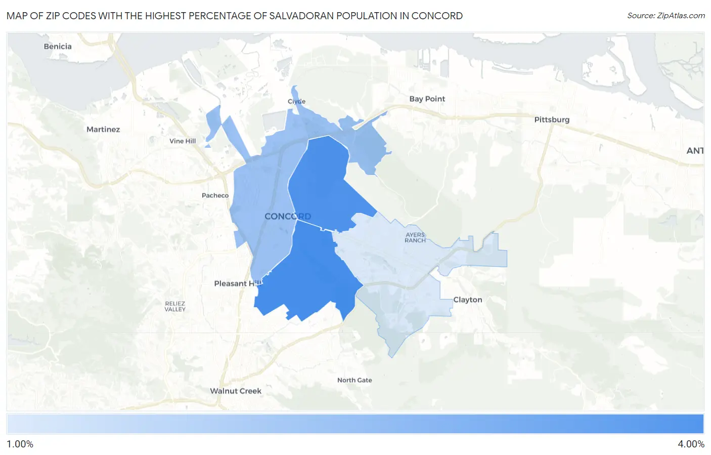 Zip Codes with the Highest Percentage of Salvadoran Population in Concord Map