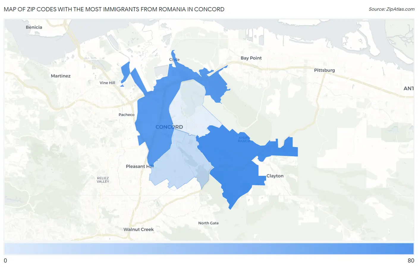 Zip Codes with the Most Immigrants from Romania in Concord Map