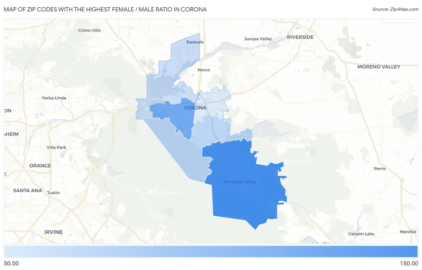 Zip Codes with the Highest Female / Male Ratio in Corona Map
