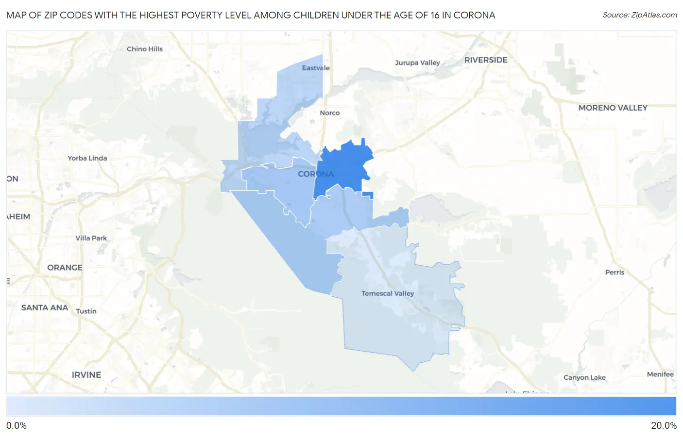 Zip Codes with the Highest Poverty Level Among Children Under the Age of 16 in Corona Map