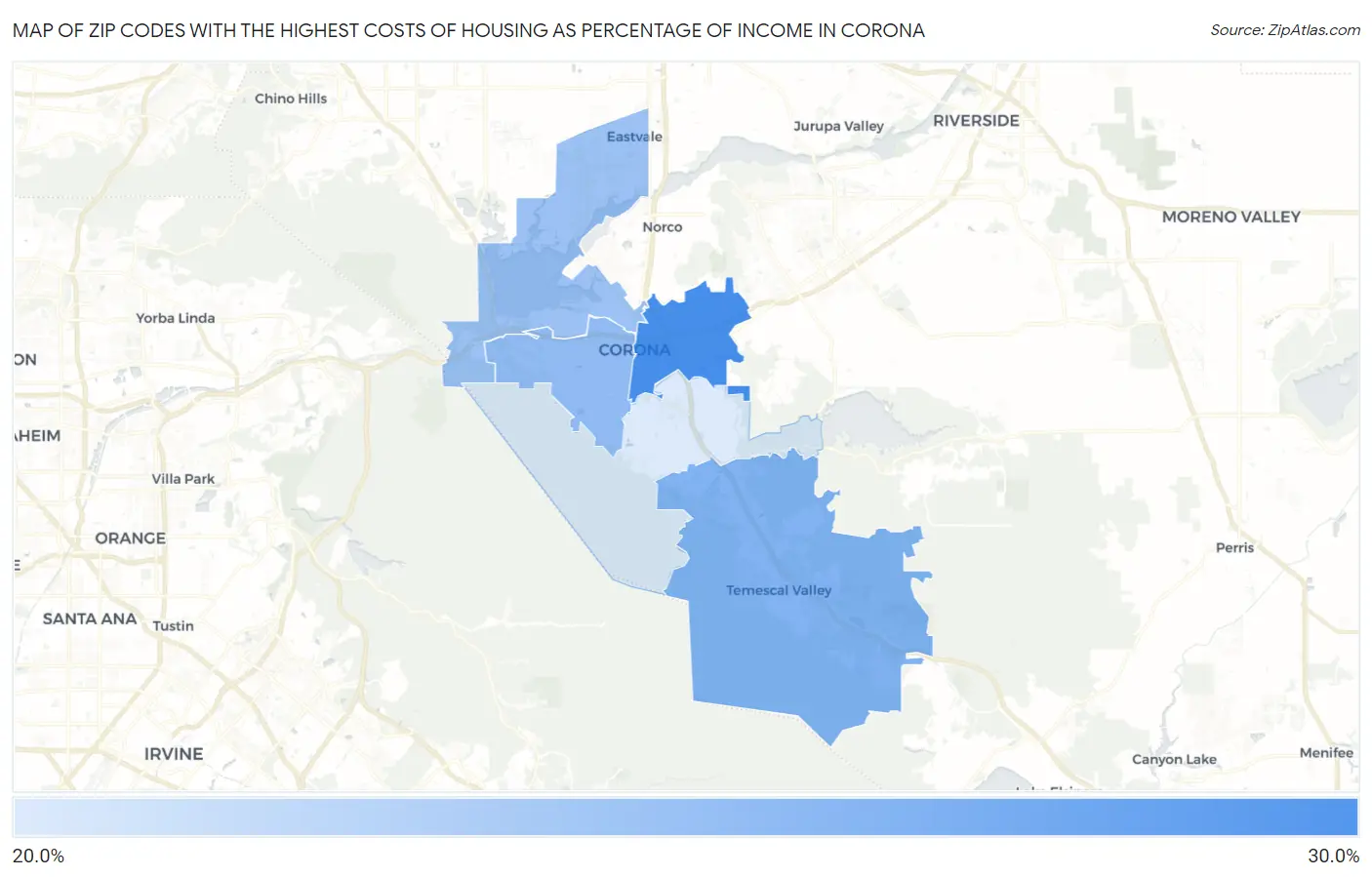 Zip Codes with the Highest Costs of Housing as Percentage of Income in Corona Map