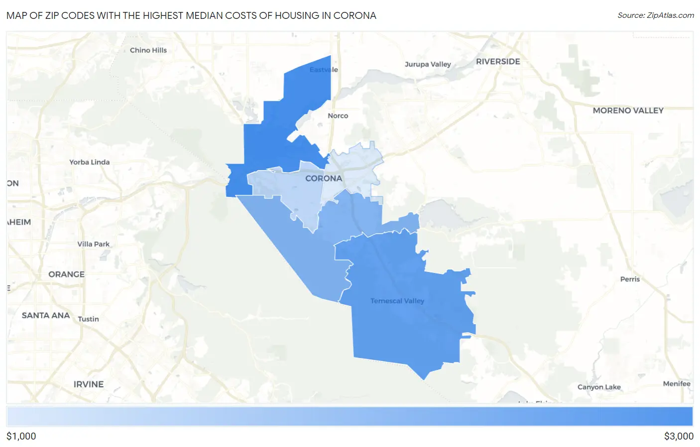 Zip Codes with the Highest Median Costs of Housing in Corona Map