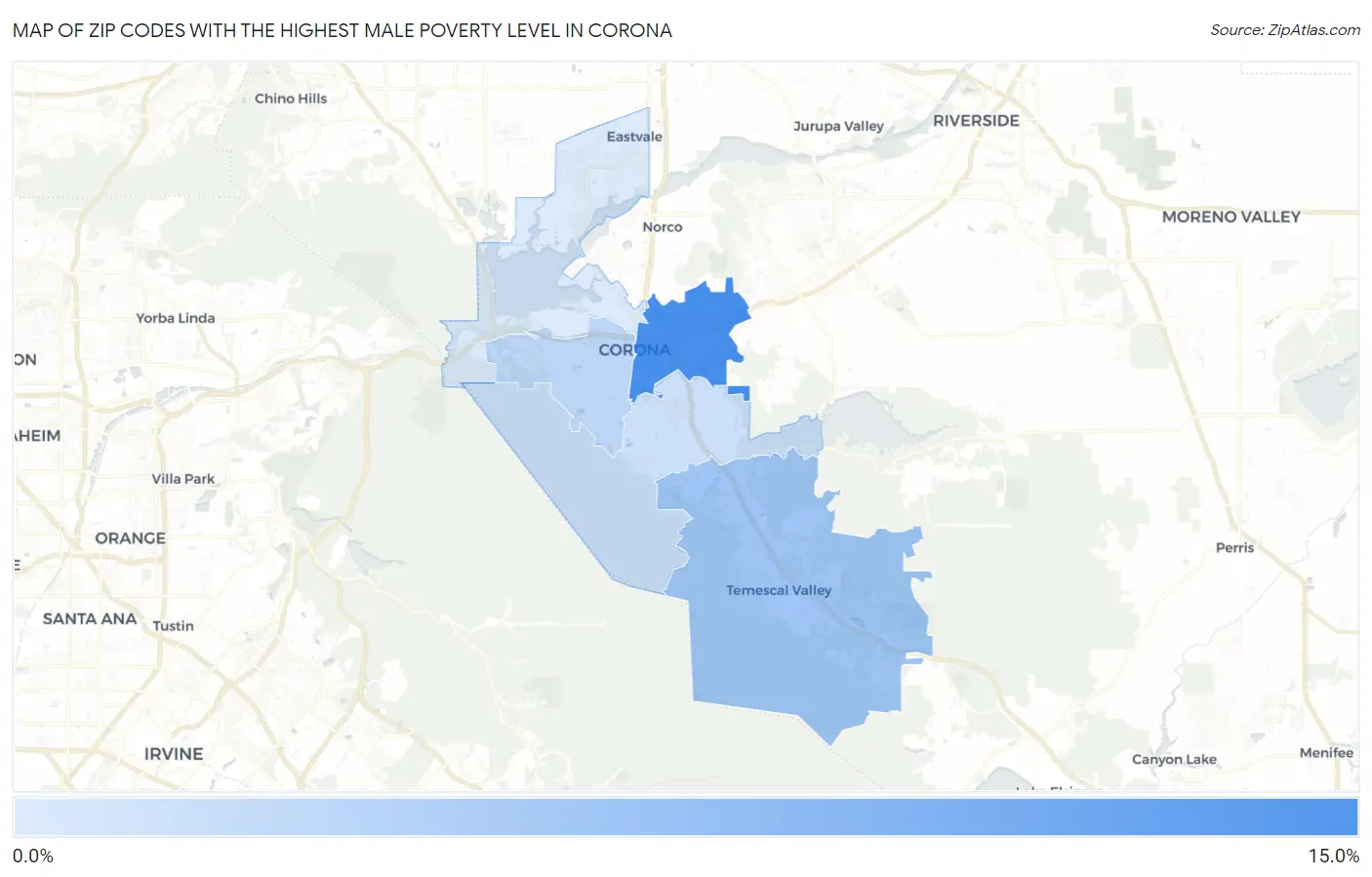 Zip Codes with the Highest Male Poverty Level in Corona Map