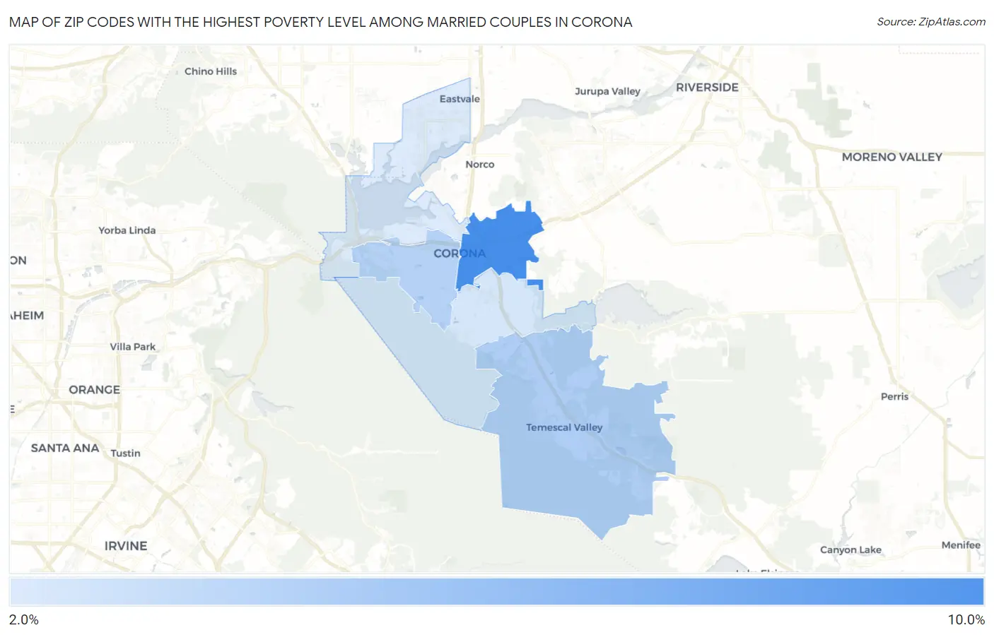 Zip Codes with the Highest Poverty Level Among Married Couples in Corona Map